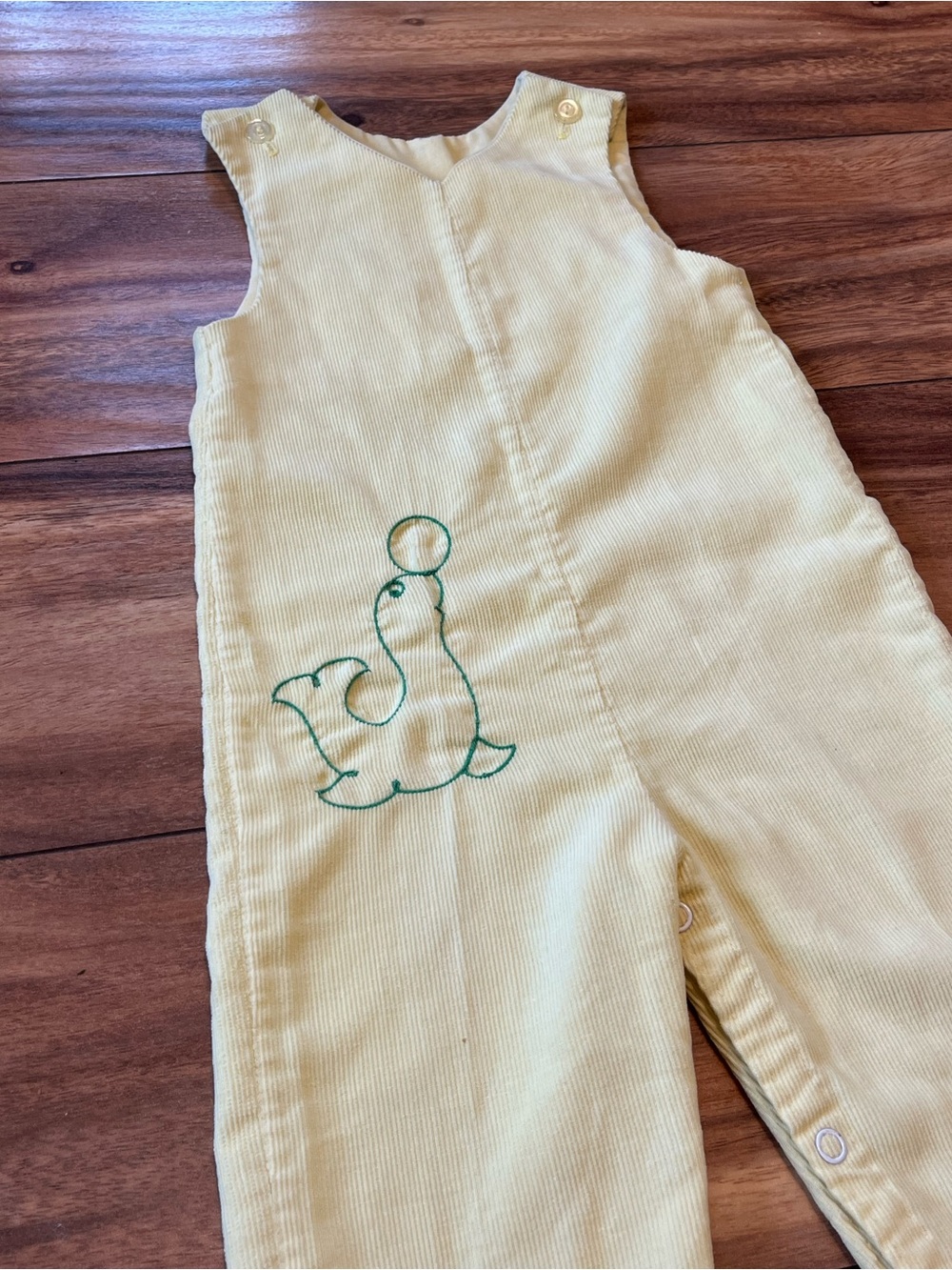 Vintage kids unisex 2T yellow corduroy overalls with embroidered seal carnival
